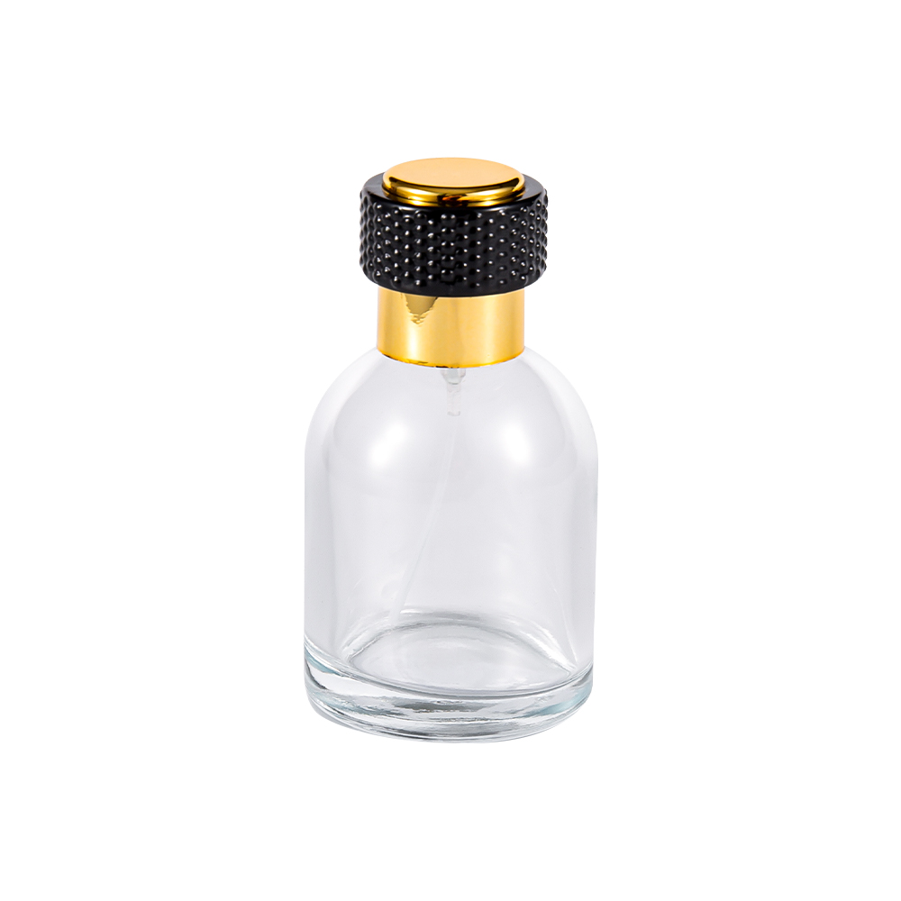 GC3986-WJ816 50 ml Klarglas-Parfümflasche mit UV-Gold-Kunststoffkappe und schwarzem Teil
