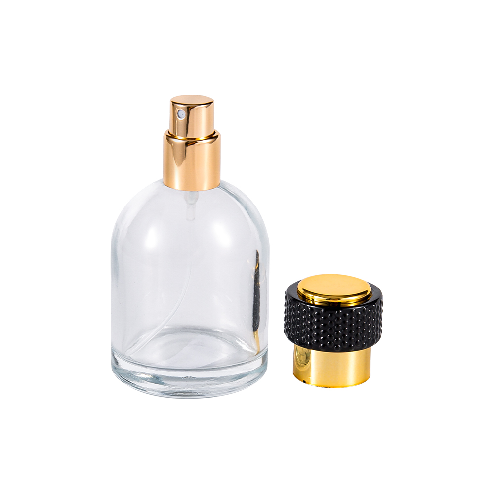 GC3986-WJ816 50 ml Klarglas-Parfümflasche mit UV-Gold-Kunststoffkappe und schwarzem Teil