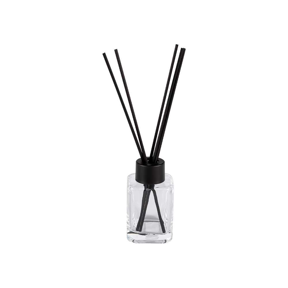 HJ-RX2248 Quadratische Diffusorflasche mit Schraubverschluss aus Kunststoff und mattschwarzem Faseraufkleber