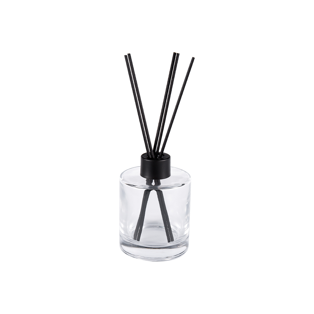 HJ-RX2109 Zylindrische Flintglas-Diffusorflasche, Kunststoff-Aluminiumkappe, farbiger Faseraufkleber