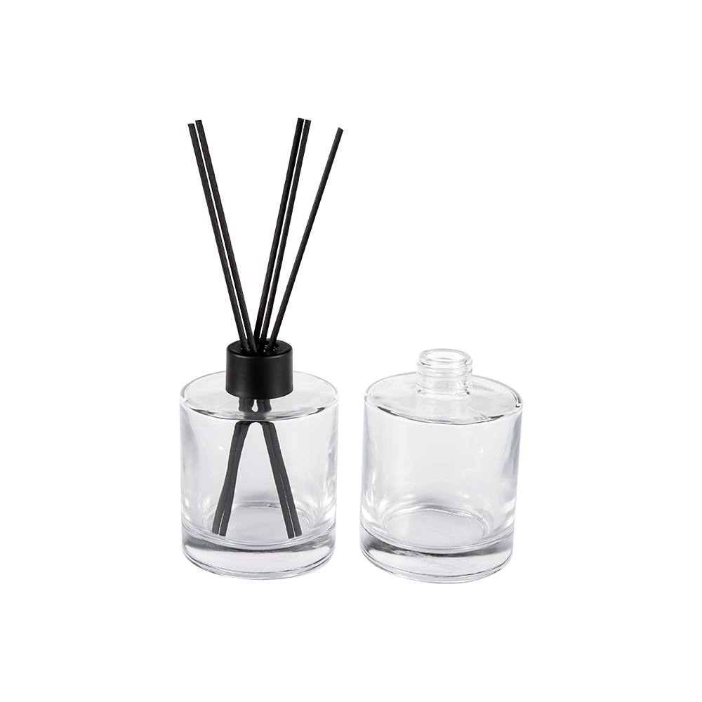 HJ-RX2109 Zylindrische Flintglas-Diffusorflasche, Kunststoff-Aluminiumkappe, farbiger Faseraufkleber