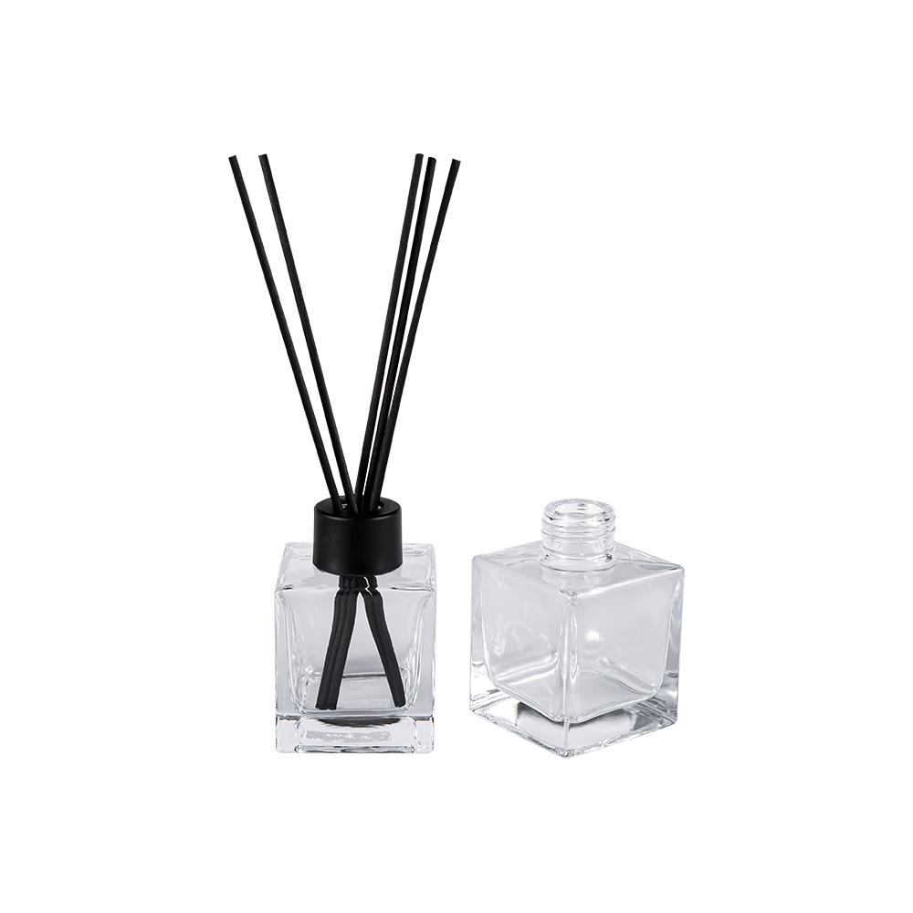 HJ-0309# Quadratische Glas-Aromatherapie-Flasche, 24 mm, mattschwarze Kunststoffkappe, Aluminiumkappe, Faseraufkleber