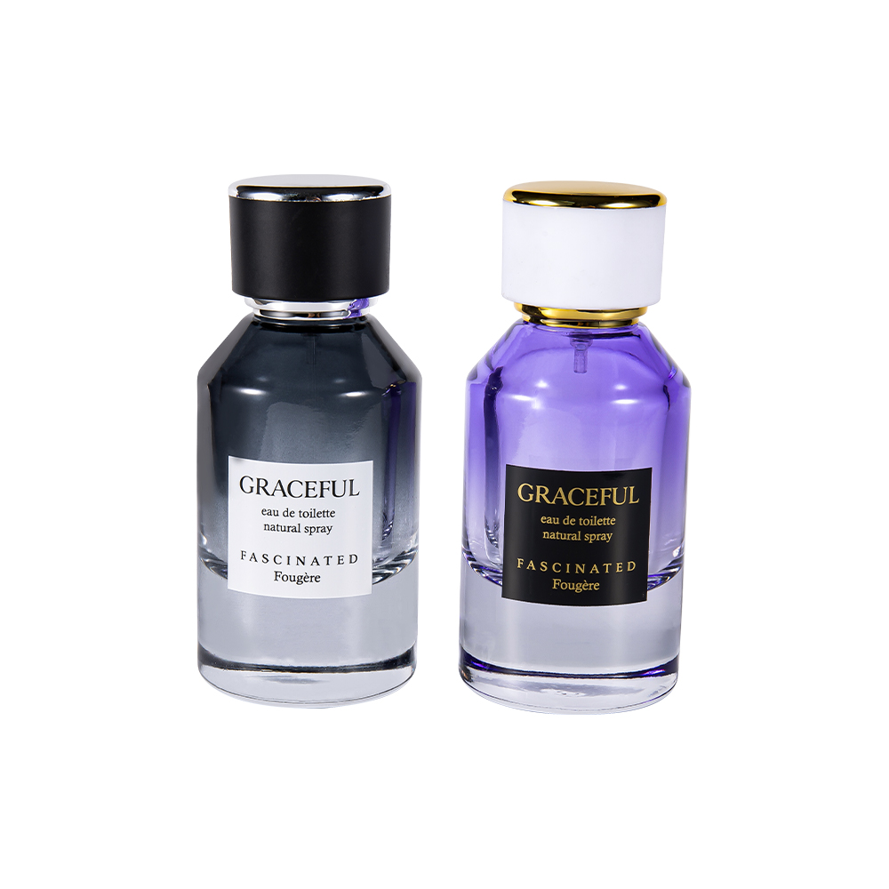 GC4416-WJ2098 50-ml-Parfümflasche aus beschichtetem, bedrucktem Glas mit Leder, ABS-Kunststoffkappe und UV-beständigem PP-Futter