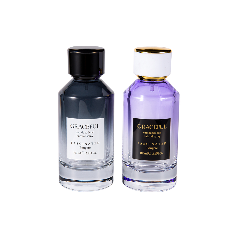 GC4418-WJ2098 100-ml-Parfümflasche aus farbig beschichtetem, bedrucktem Glas mit ABS-Kunststoffkappe aus Leder und UV-PP-Einlage