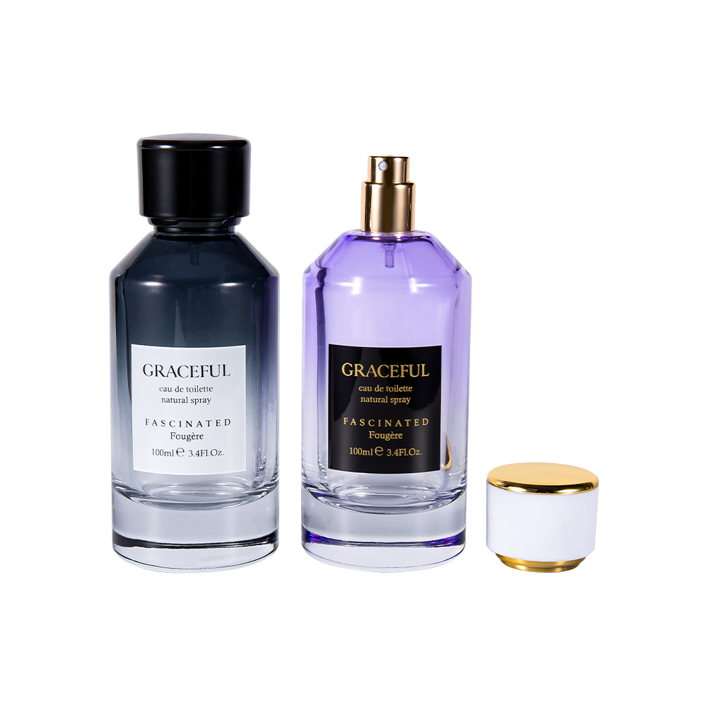 GC4418-WJ2098 100-ml-Parfümflasche aus farbig beschichtetem, bedrucktem Glas mit ABS-Kunststoffkappe aus Leder und UV-PP-Einlage