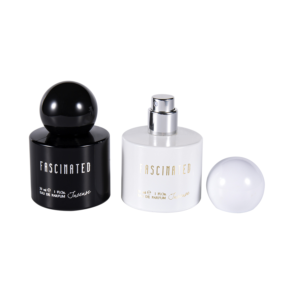 GC4748-WJ2537 30 ml zylindrische beschichtete Goldfolien-Glasparfümflasche mit kugelförmiger ABS-PP-Kunststoffkappe