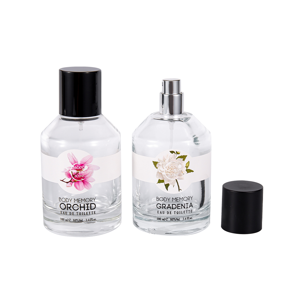 KY1603-WJ2388 100-ml-Parfümflasche aus Glas mit bedrucktem Aufkleber und zylindrischem, glänzendem, mattschwarzem PP-Verschluss