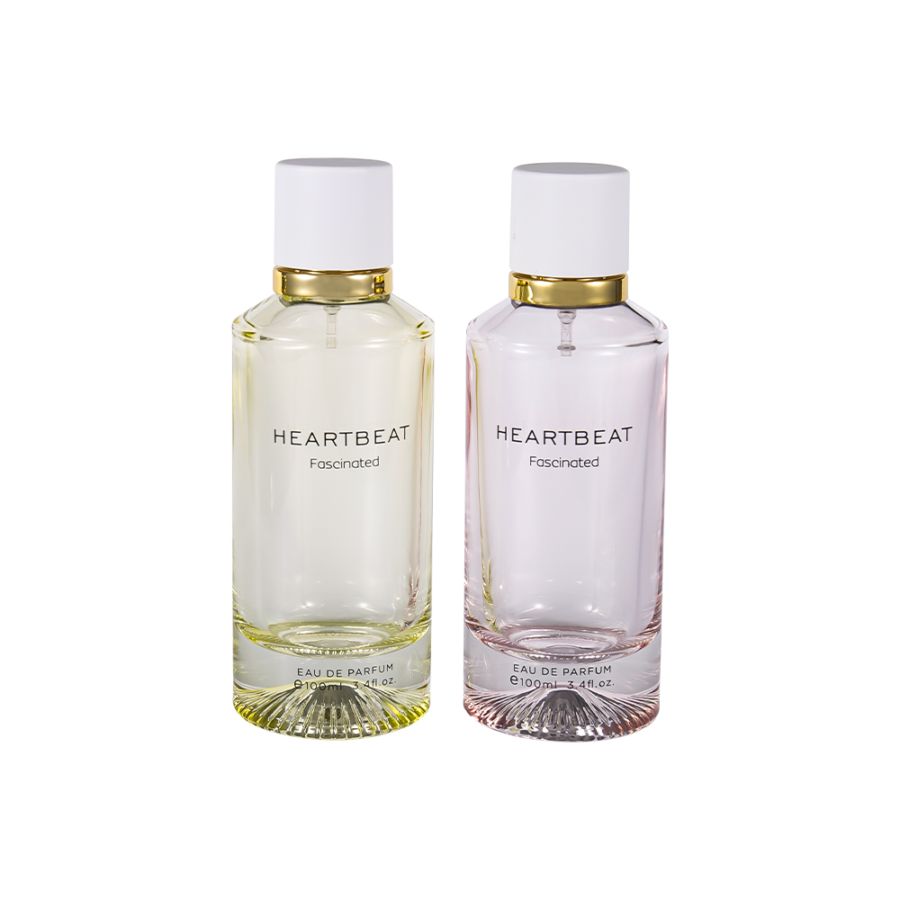 GC4406-WJ2326 100 ml Parfümflasche mit gemustertem Boden, weißem Parfümverschluss und großem Aluminiumring